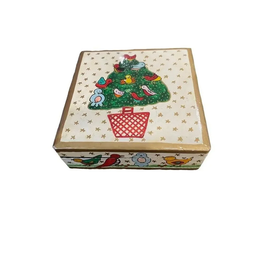 Foreside Painted Christmas Coasters Wooden Glossy Glaze With Box